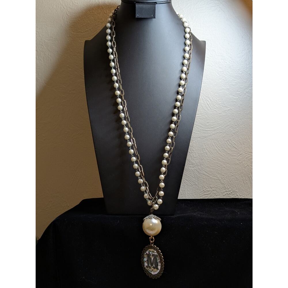 Plunder Design Chunky Faux Pearl Antiqued Chain 'M' Pendant Long Necklace